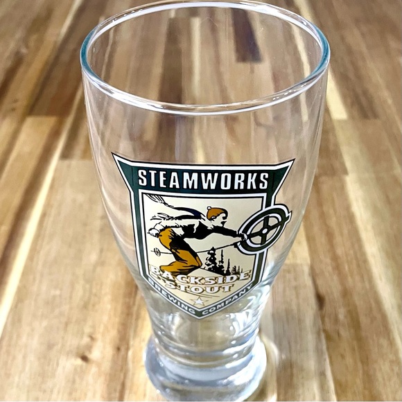 Steamworks Brewing Company Beer Glass 6 1/2” tall Skier Logo Retro Pilsner Glass - Picture 2 of 7